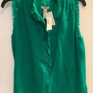 J.Crew Sleeveless Silk Ruffle Trim Green Lined Blouse Size 4